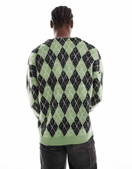 The Ragged Priest argyle jacquard knit cardigan in green and black, 4 of 4