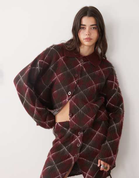 The Ragged Priest argyle standard knitted cardigan in maroon - view 1