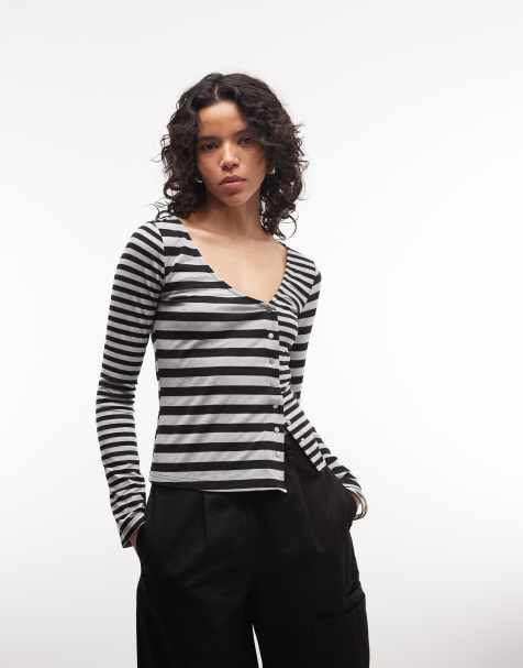 The Ragged Priest asymmetric button-down long sleeve top in grey black mix stripe - view 1