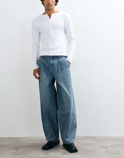 The Ragged Priest blue lazer pinstripe baggy jeans in mid blue - view 1