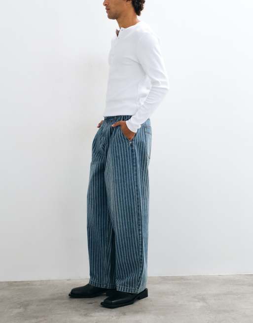 The Ragged Priest blue lazer pinstripe baggy jeans in mid blue, 2 of 9
