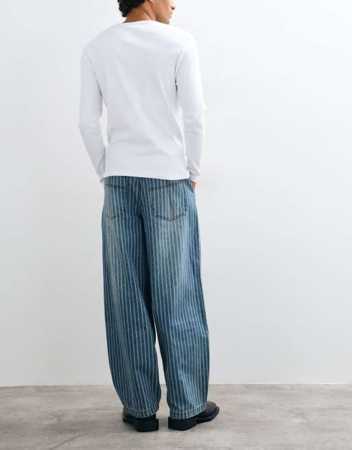 The Ragged Priest blue lazer pinstripe baggy jeans in mid blue, 3 of 9