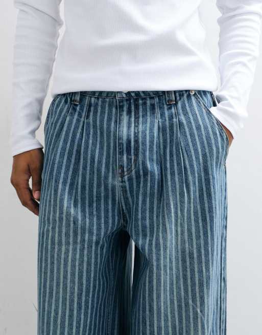 The Ragged Priest blue lazer pinstripe baggy jeans in mid blue, 4 of 9