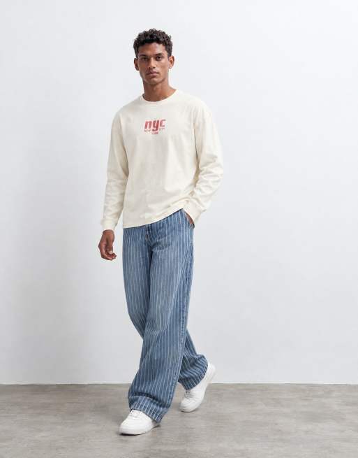 The Ragged Priest blue lazer pinstripe baggy jeans in mid blue, 6 of 9