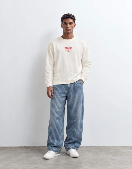 The Ragged Priest blue lazer pinstripe baggy jeans in mid blue, 8 of 9