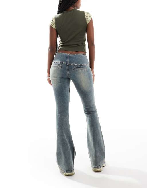 The Ragged Priest bootcut jeans with studded belt in dirty wash blue, 2 of 5