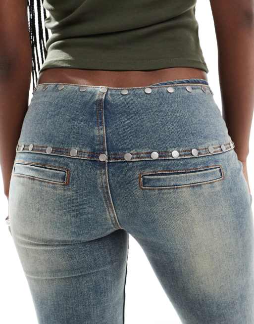 The Ragged Priest bootcut jeans with studded belt in dirty wash blue, 4 of 5