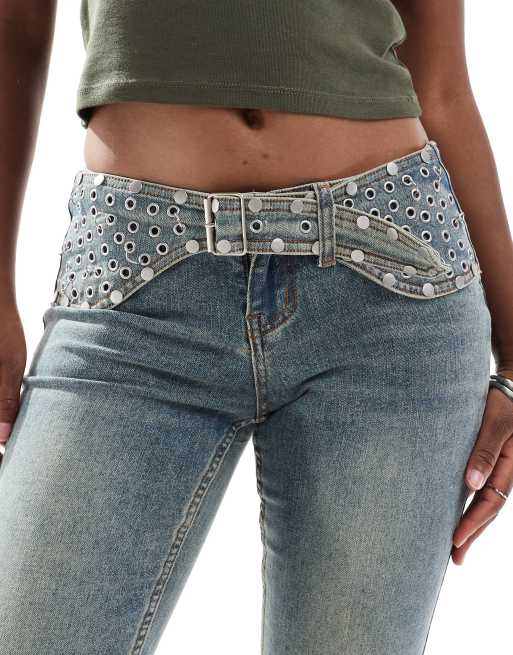 The Ragged Priest bootcut jeans with studded belt in dirty wash blue, 5 of 5