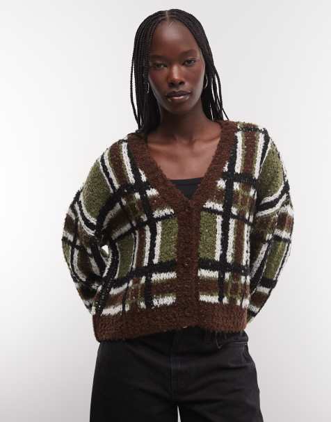 The Ragged Priest boucle oversized boxy cardigan in green brown check - view 1