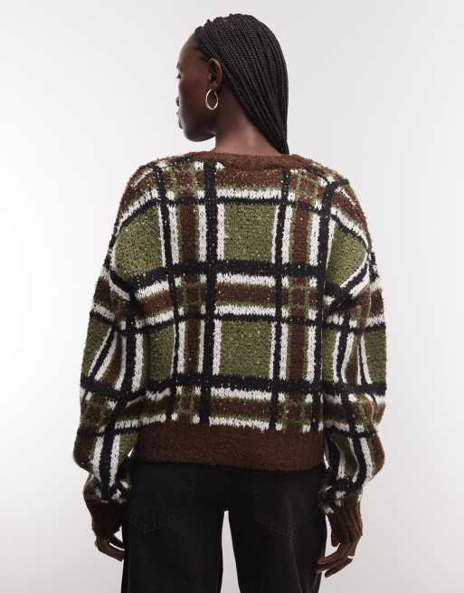 The Ragged Priest boucle oversized boxy cardigan in green brown check, 2 of 4