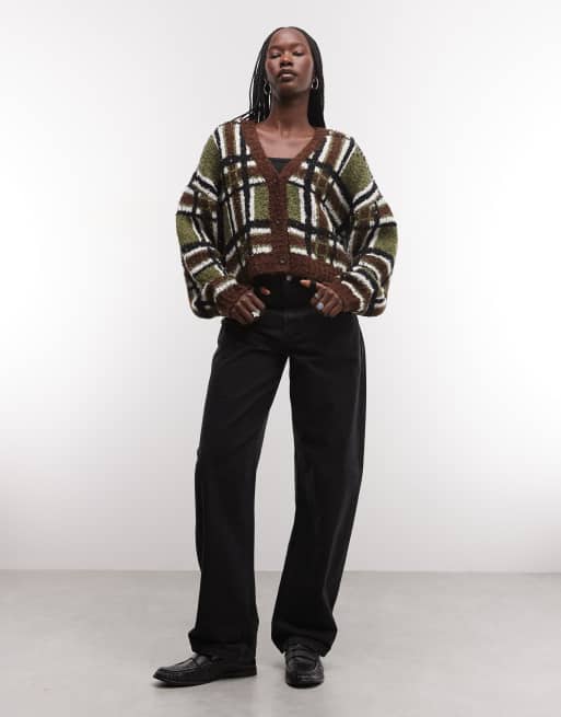 The Ragged Priest boucle oversized boxy cardigan in green brown check, 3 of 4