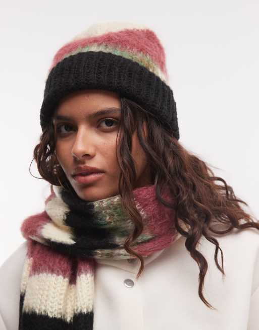 The Ragged Priest brushed beanie hat in multi stripe, 3 of 3