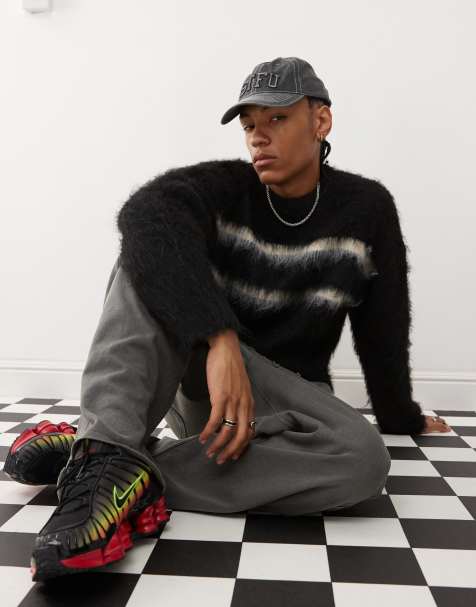 The Ragged Priest brushed faux mohair knitted jumper with white stripes in black - view 1
