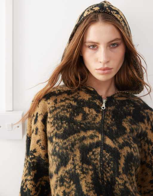 The Ragged Priest brushed knit hoodie in brown snake