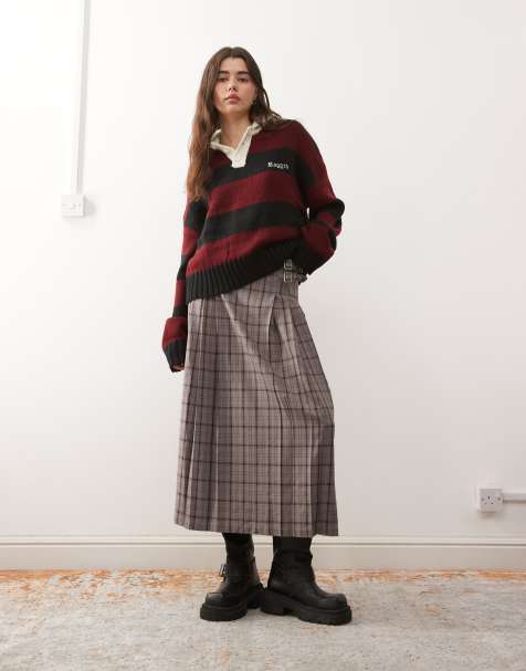 The Ragged Priest buckle kilt wrap maxi skirt in red check - view 1