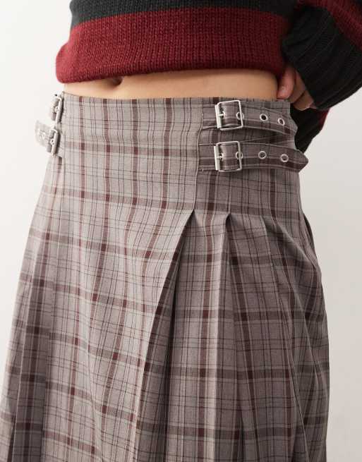 The Ragged Priest buckle kilt wrap maxi skirt in red check, 2 of 5