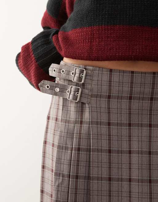 The Ragged Priest buckle kilt wrap maxi skirt in red check, 4 of 5