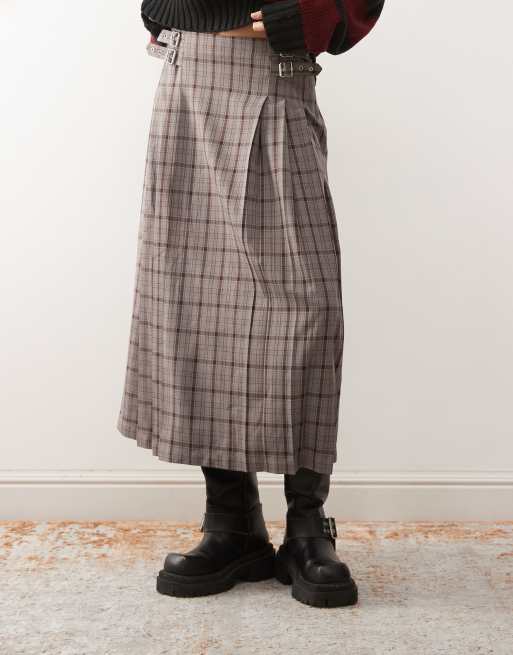 The Ragged Priest buckle kilt wrap maxi skirt in red check, 5 of 5