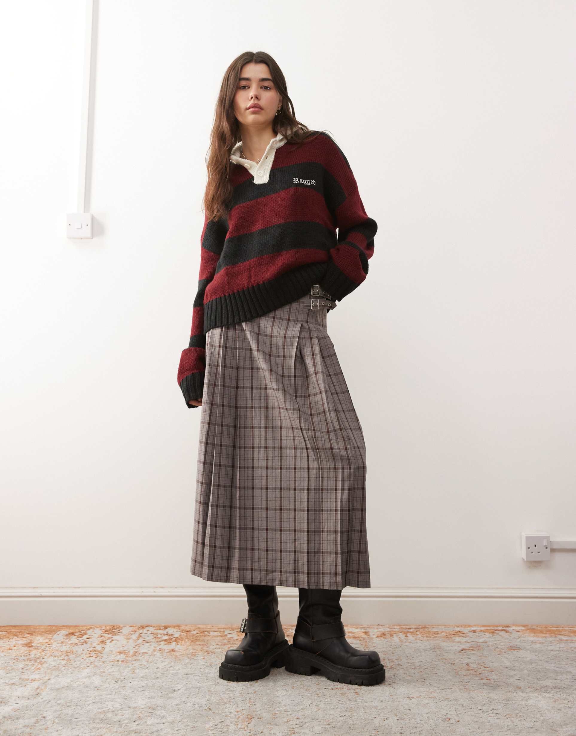the ragged priest buckle kilt wrap maxi skirt in red plaid