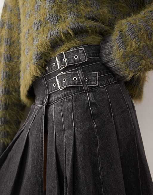 The Ragged Priest buckle midi kilt in grey wash denim, 2 of 5
