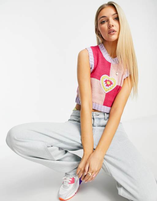 The Ragged Priest - Canotta corta in maglia in stile rétro con cuore all'uncinetto