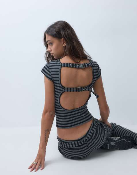 The Ragged Priest cap sleeve baby tee with open back in grey black stripe co-ord