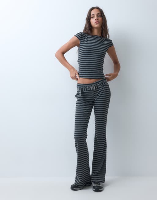 The Ragged Priest cap sleeve baby tee with open back in grey black stripe co-ord, 3 of 5