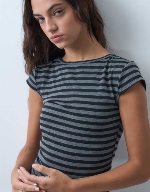 The Ragged Priest cap sleeve baby tee with open back in grey black stripe co-ord, 5 of 5