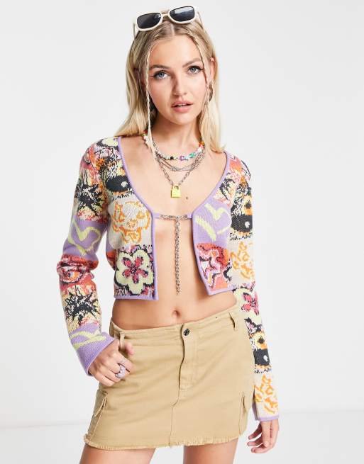 The Ragged Priest - Cardigan corto in maglia con allacciatura a catena e stampa rave