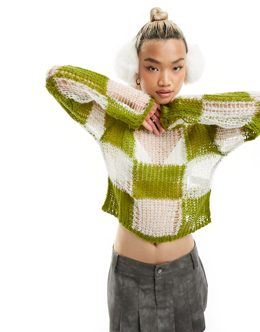 The Ragged Priest checkerboard open knit jumper in green