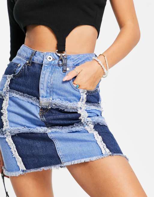 The Ragged Priest coordinating denim mini skirt in patchwork check