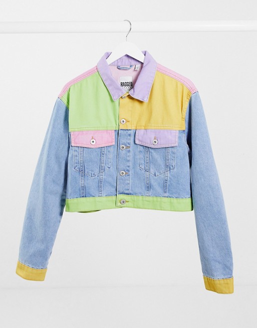 The Ragged Priest crop jacket in pastel patchwork denim co-ord