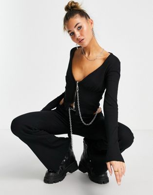 The Ragged Priest crop rib top in zip front with chain detail co-ord
