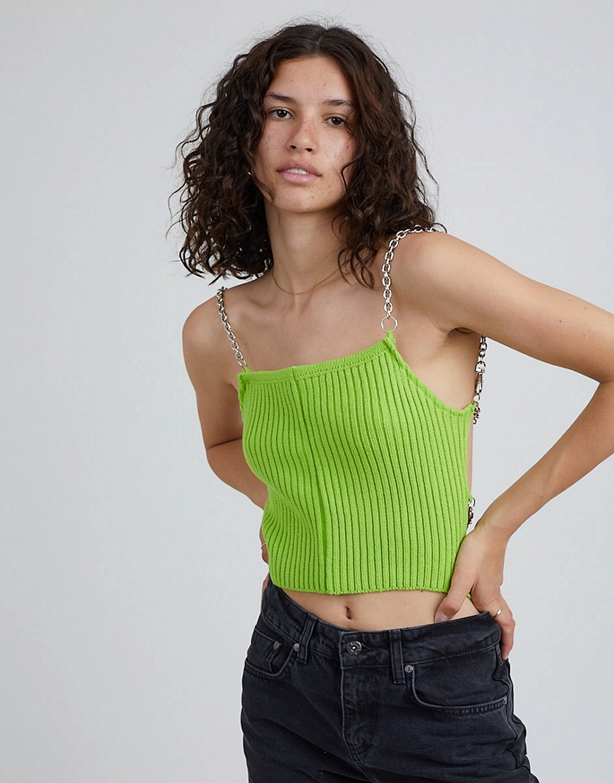 The Ragged Priest crop top in rib knit with chain strapping-Green