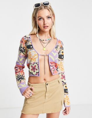 The Ragged Priest cropped chain tie knitted cardigan in rave print