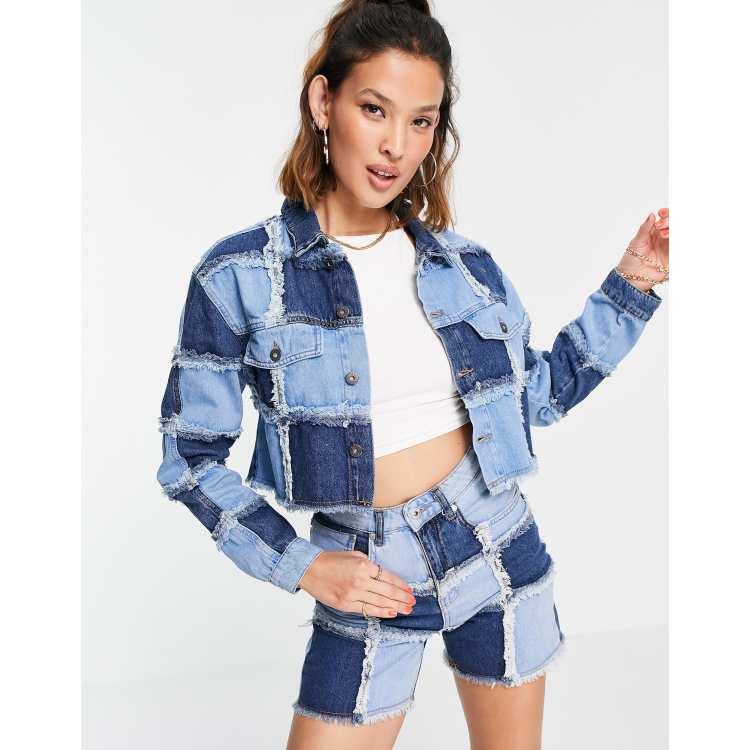 The Ragged Priest cropped denim jacket in patchwork denim co-ord