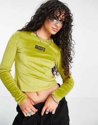 The Ragged Priest cropped long sleeve t-shirt with logo in olive green velvet