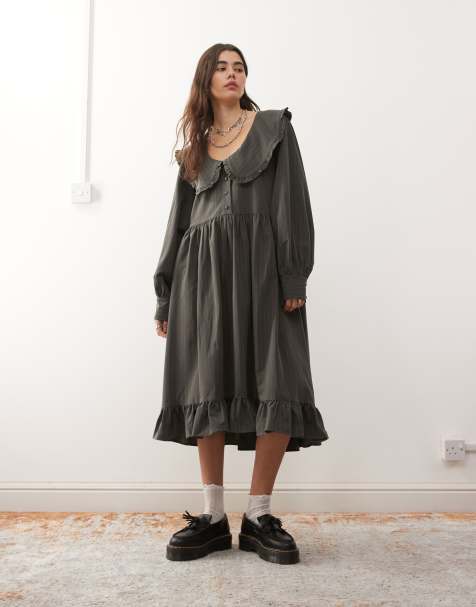 The Ragged Priest curio mini dress in grey pinstripe