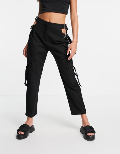 The Ragged Priest cut out waist pants with multi buckle detailing in black