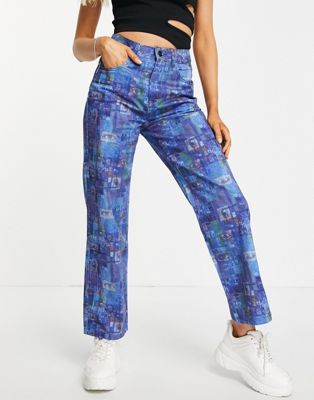 The Ragged Priest dad jeans with blue collage print