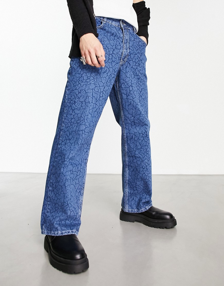 The Ragged Priest damage skate wide leg crackle printed jeans in blue