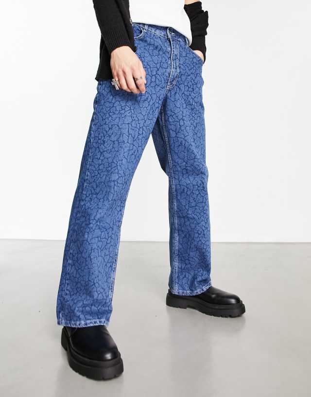 The Ragged Priest damage skate wide leg crackle printed jeans in blue