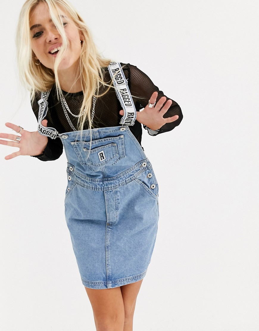 The Ragged Priest denim dungaree dress in mid blue