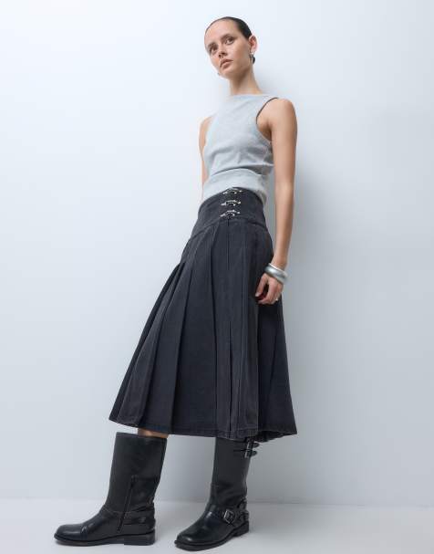 The Ragged Priest denim kilt midi skirt in charcoal - view 1