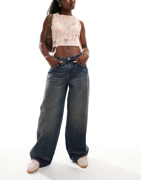 The Ragged Priest dirty wash wide leg jeans in dark blue - view 1