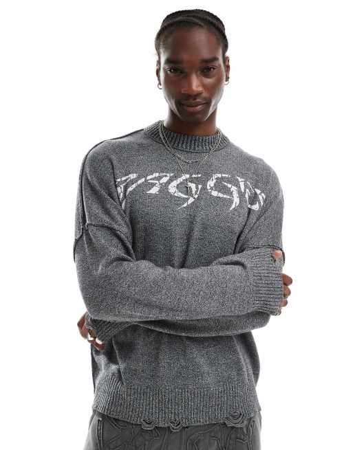 The Ragged Priest distressed oversized knit jumper with print logo in black acid wash