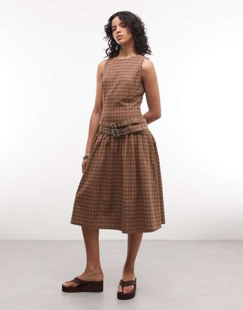The Ragged Priest drop waist belted midi dress in brown gingham - view 1