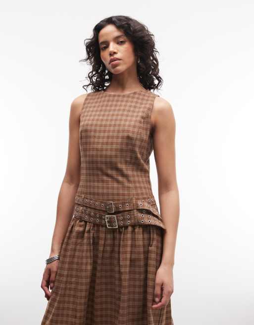 The Ragged Priest drop waist belted midi dress in brown gingham, 2 of 4