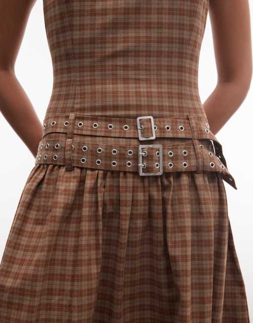 The Ragged Priest drop waist belted midi dress in brown gingham, 3 of 4