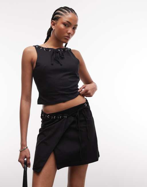 The Ragged Priest eyelet wrap mini skirt & top set in black, 2 of 3